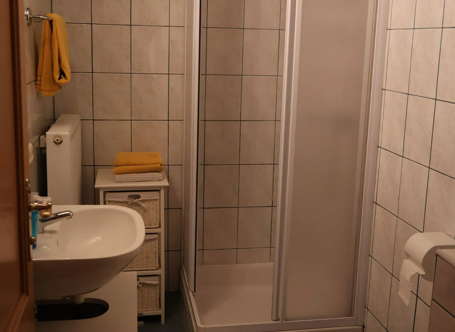 Sauberes Badezimmer mit Dusche und WC